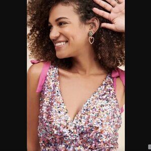 Free People Big Night Sequin Crop Top S Confetti in Pink Sparkle Barbie Surplice